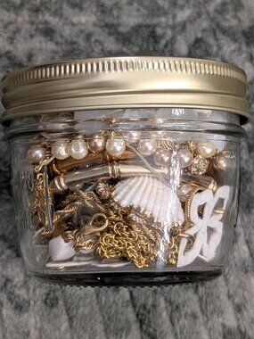 Half Pint Mystery Jewelry Jar Lot Gold Toned Feminine Mixed Variety Bundle